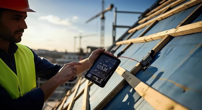 Construction worker inspecting building plans at a construction site