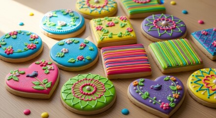 Artistically decorated cookies offer a delightful collection of vibrant designs and colors