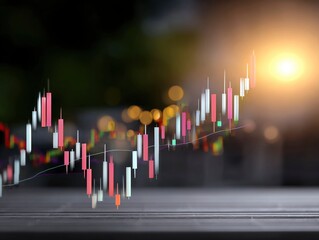 Candlestick chart ascending trend with red and white bars blurred background and a bright light at the upper right