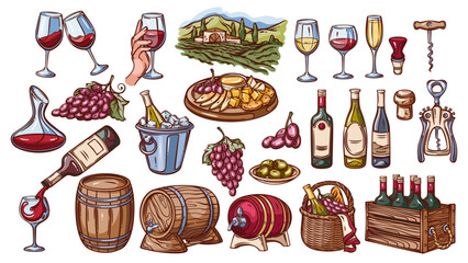 Fototapeta premium Grape wine making, storage and testing line icons set. Outline hand drawn glass bottle and cork, wooden box, barrel in cellar. Winery, sommelier mascot, wine icons collection vector illustration