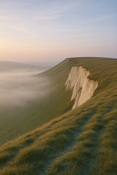 Chalk scarp above a misted sea