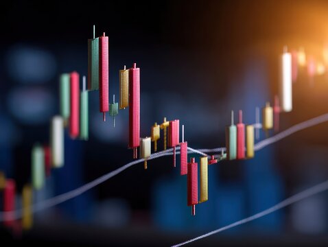 Candlestick chart displays stock market trends with colorful textured bars and thin curving lines against a blurred dark backdrop