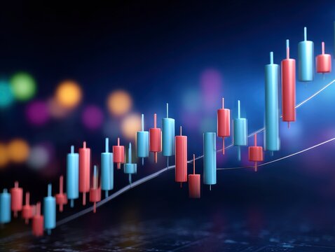 Candlestick chart with blue and red bars on dark background indicating stock market trend