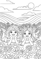 Fototapeta premium twin sisters in the meadow in the summer. coloring book