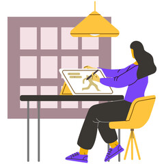 Woman Working Remotely on Laptop in Home Office Desk Illustration. remote work, work from home, wfh, digital nomad, freelancer, laptop, productivity, student, studying, online education, illustration,