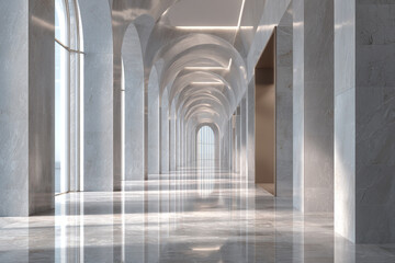 modern marble archway corridor with natural light and reflections