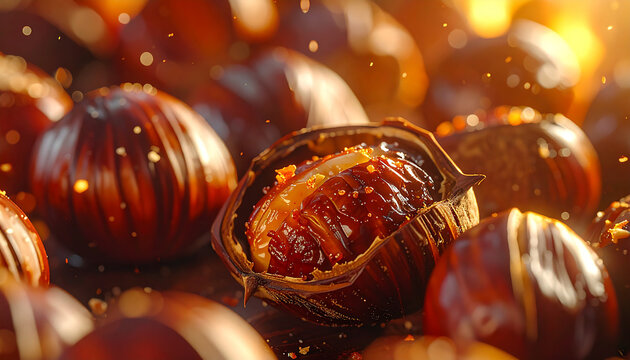Roasted Chestnuts: Close-up of roasted chestnuts, showing their golden-brown color, smoky texture, and irresistible aroma. A culinary delight capturing the essence of the season.