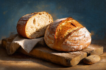 artisan sourdough bread loaf whole and sliced on wooden board with blue textured background