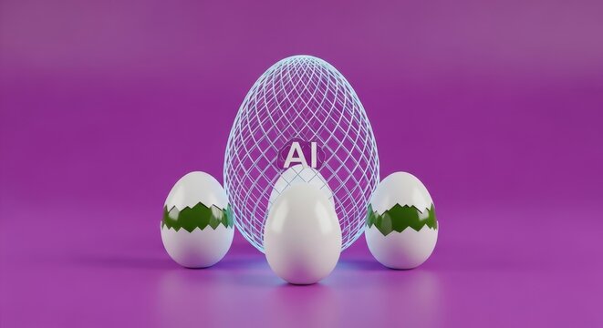 Artificial intelligence digital egg with neon grid in the shape of an egg on purple backdrop
