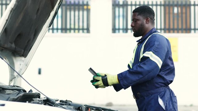 African mechanic using a tablet to inspect a car engine, troubleshoot and perform routine maintenance with digital assistance