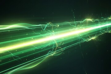 Abstract green light streaks and particles against dark background
