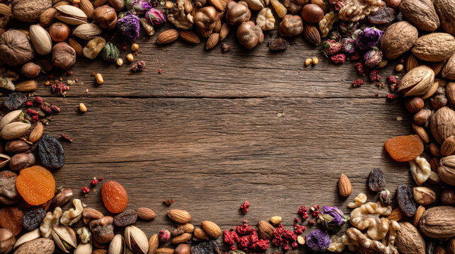 Wooden background framed with nuts and dried fruits, top view