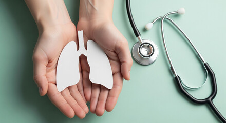 Hands Holding Paper Lungs with Stethoscope Nearby –Medical Concept for Health Awareness, Respiratory Care, or Pulmonology Education