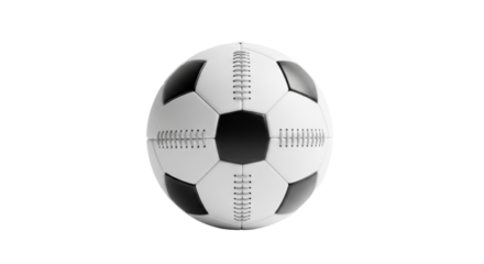 pristine traditional leather soccer ball, classic black and white pattern, detailed stitching, macro product photography on transparent background. concept of sporting excellence