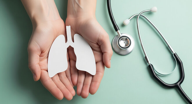 Hands Holding Paper Lungs with Stethoscope Nearby –Medical Concept for Health Awareness, Respiratory Care, or Pulmonology Education