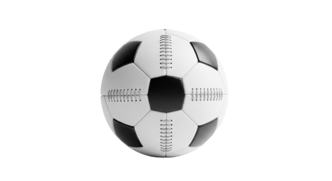 pristine traditional leather soccer ball, classic black and white pattern, detailed stitching, macro product photography on transparent background. concept of sporting excellence