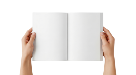Hands Holding Blank Open White Book Mockup Isolated on White Background