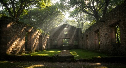 Stone ruins with rays of sunlight filtering through the trees