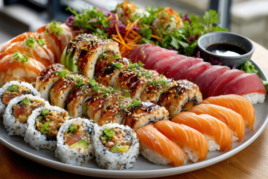 Delicious Sushi Platter with Variety of Rolls and Sashimi - Powered by Adobe