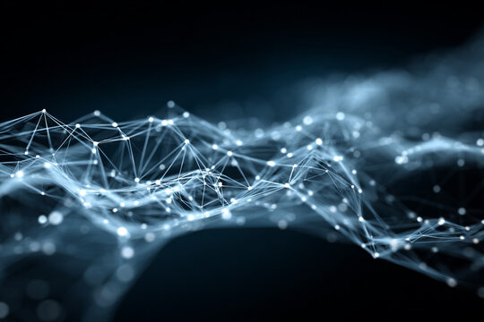 intricate network of glowing white nodes and lines against dark blue background