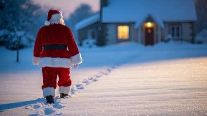 Santa Claus walks away from a snow-covered house, leaving footprints in the snow.