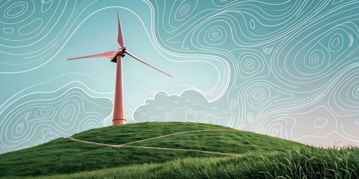 Minimal artistic illustration of wind turbine on green hill with stylized contour lines representing clean renewable energy concept