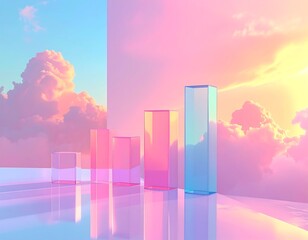 Pastel-colored chart representing growth, set against a dreamy, cloud-filled sky backdrop