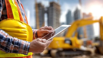 Construction worker using tablet on site with heavy machinery - Powered by Adobe