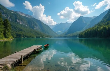 Wooden dock on tranquil emerald lake surrounded by green mountains under blue sky with white clouds. Small boats float peacefully by pier. Serene nature landscape offers calm escape. Perfect for