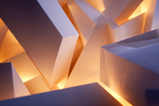 abstract geometric composition with warm light glowing from within the sharp edges and facets