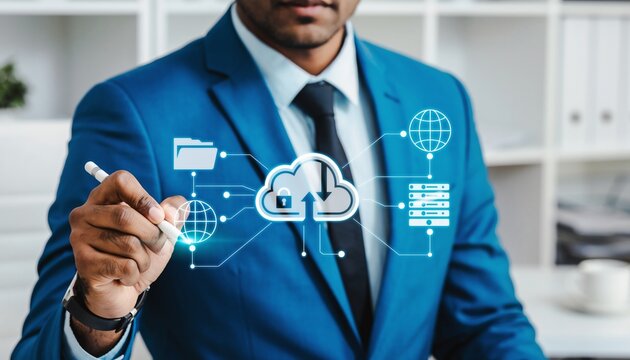 Businessman hand pointing stylus toward glowing cloud security hologram with data network icon, digital protection interface, cybersecurity connection visualization.