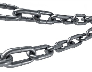 Obraz premium Two silver chains link, connect, angled view, white background