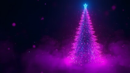 A vibrant festive image featuring a purple tree sparkling with light, set against a dark background.