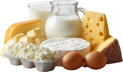 Creamy dairy selection milk cheese butter eggs, fresh wholesome nutrition concept