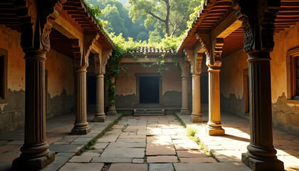 Ancient courtyard with stone columns and lush greenery