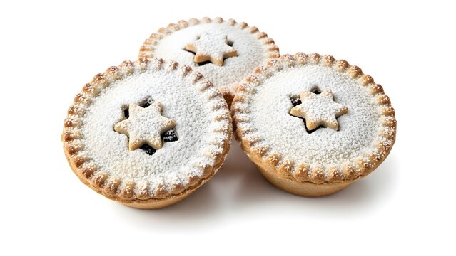 Traditional mince pies with star cutouts, dusted with powdered sugar, festive holiday baking closeup isolated on transparent background
