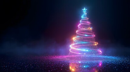 Radiant tree of light, spiraling into a dark winter night. Glowing particles illuminate the scene.