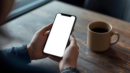 Relaxing break with coffee and modern phone on wooden table showcasing casual comfort, calm moment.
