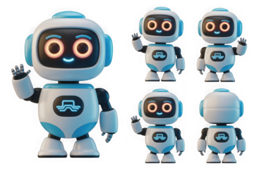 Friendly cartoon robot waving hello from multiple angles, isolated isolated on transparent background