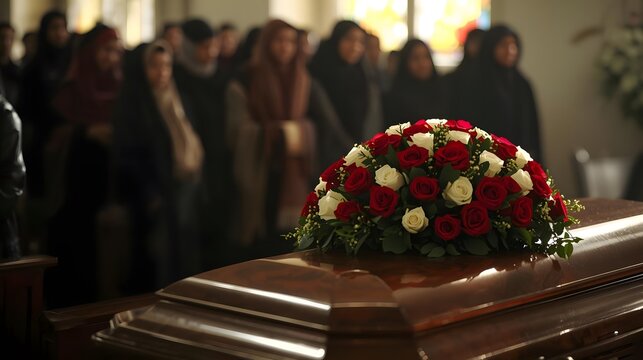 A solemn gathering, veiled in sorrow, honors a life departed, symbolized by roses atop a wooden casket.