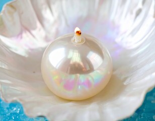 A radiant pearl-like candle gently illuminates from within a beautiful iridescent seashell