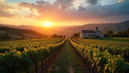 Naklejka premium Golden sunset light illuminates vast vineyard with long rows of grapevines leading towards stone farm house. Mountains frame peaceful scenic wine region landscape. Warm colors fill sky. Beautiful