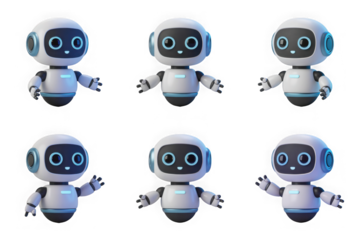 Cute robot characters in various poses for technology concepts 60 isolated on transparent background