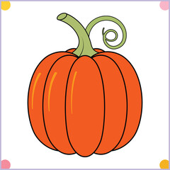 Vector illustration of a bright orange pumpkin with a green stem and curly vine Clipart