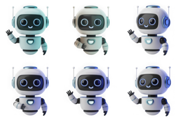 Cute friendly robot character collection waving and smiling, isolated isolated on transparent background