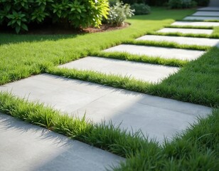 Stone slabs form a garden path through green grass. This modern walkway offers clean lines and a natural yet structured outdoor space for walking. Rich lawn borders concrete.