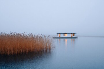 Serene houseboat anchored in a misty Scandinavian lake with tall grasses nearby