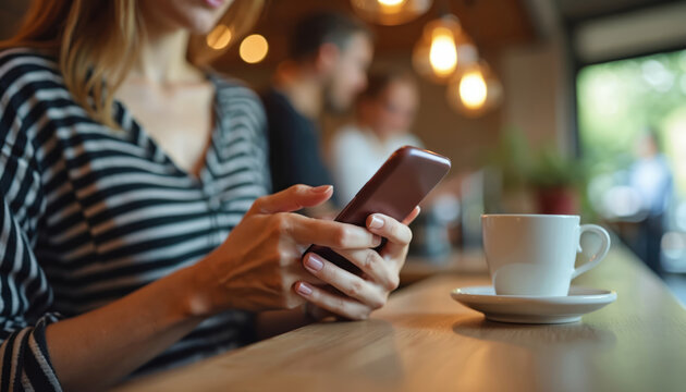 Woman uses smartphone at cafe with coffee cup nearby. She scrolls on her mobile device while sitting at wooden table. People relax in background.