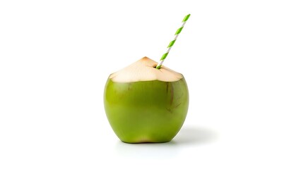 Green coconut with straw for drinking on a white background