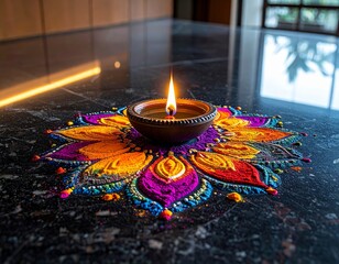 Vibrant Rangoli Design Adorned with a Traditional Lit Diya, Symbolizing Festival Celebrations and